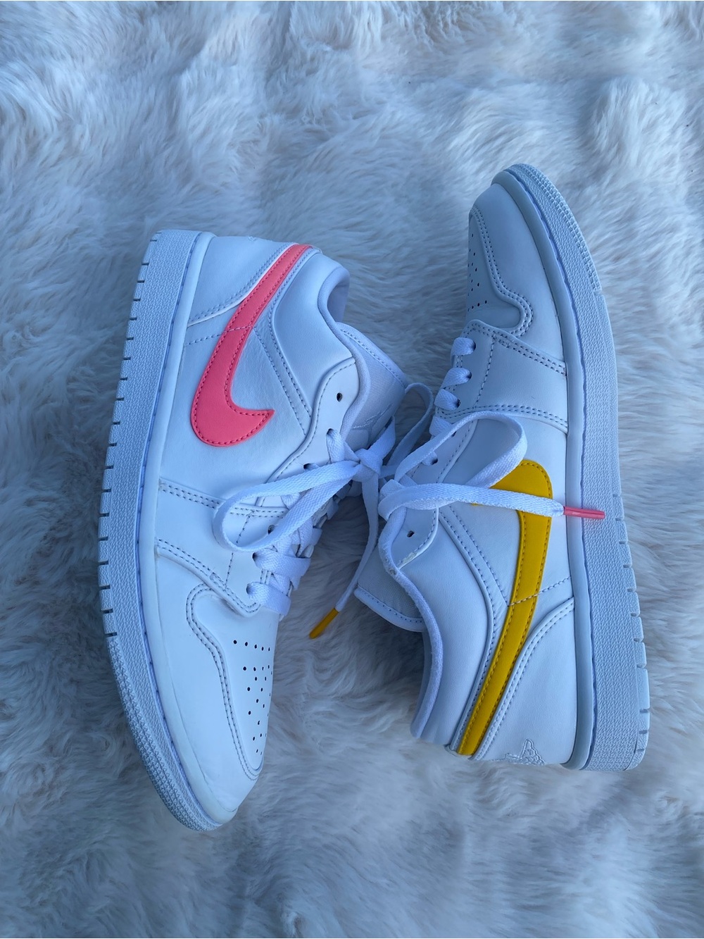 Nike air Jordan 1 Low Retro Neon Sneakers with Pink and Yellow Swooshes Unisex